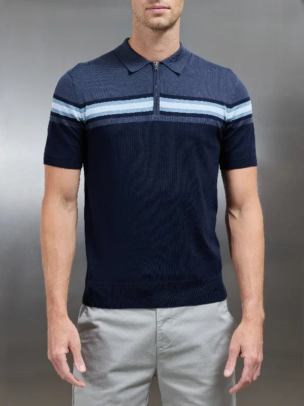 Cotton And Silk Colour Block Polo Shirt in Navy