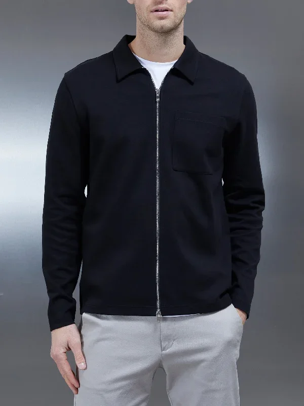 Cotton Jersey Zip Through Overshirt in Black