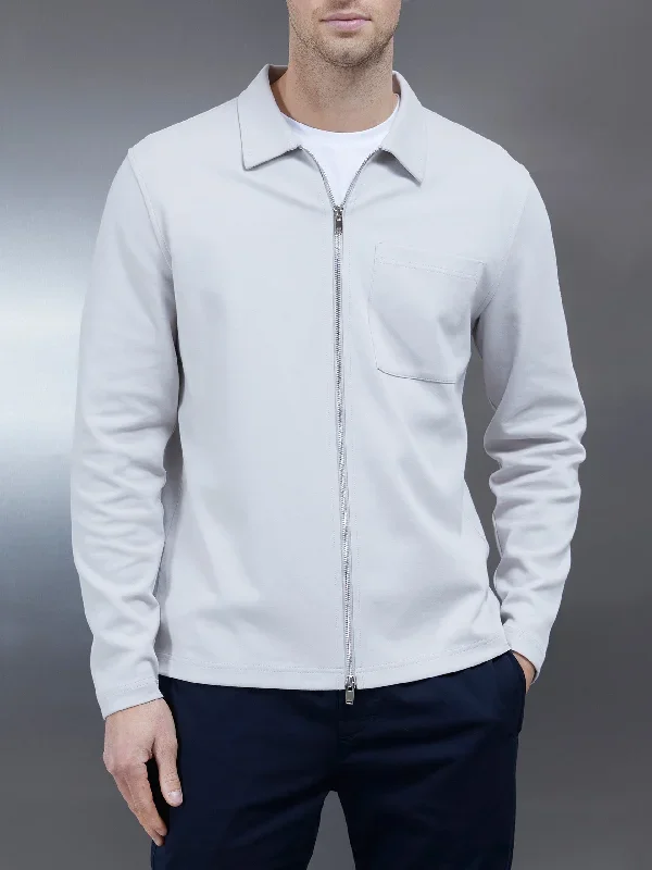 Cotton Jersey Zip Through Overshirt in Mid Grey