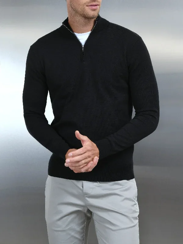 Cotton Knitted Half Zip Funnel Neck Jumper in Black