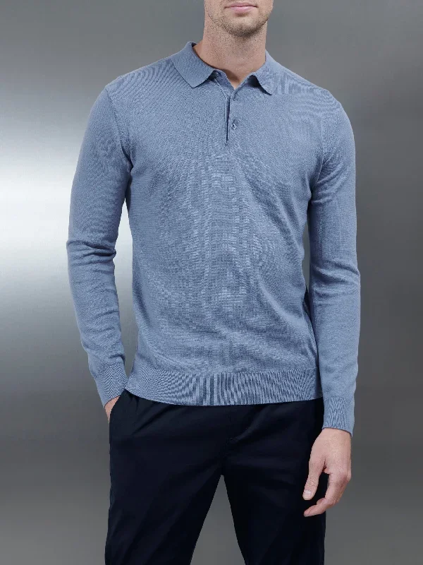 Cotton Knitted Long Sleeve Button Polo Shirt in Silk Blue