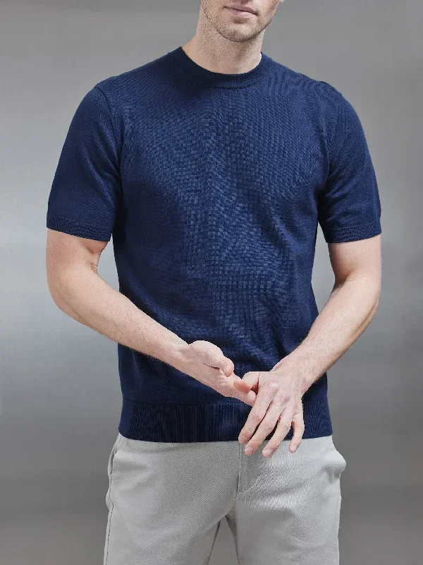 Cotton Knitted T-Shirt in Navy