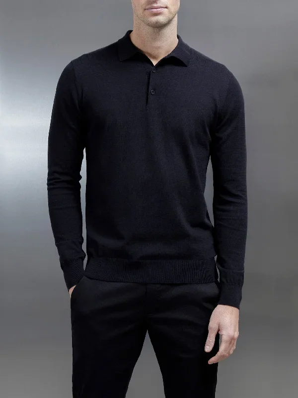 Cotton and Silk Long Sleeve Button Polo Shirt in Black