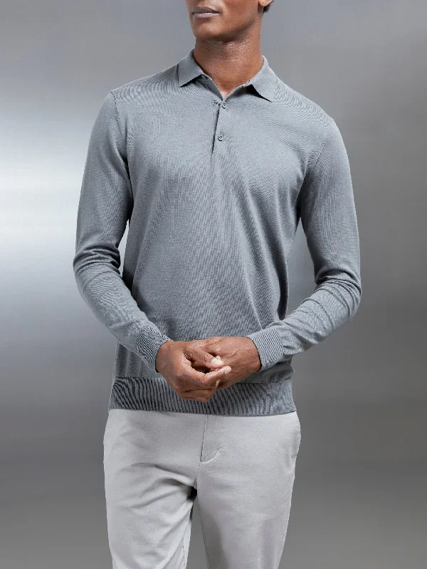 Cotton and Silk Long Sleeve Button Polo Shirt in Sage