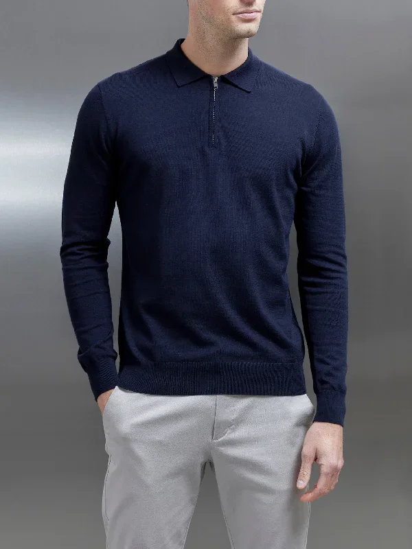 Cotton and Silk Long Sleeve Zip Polo Shirt in Navy