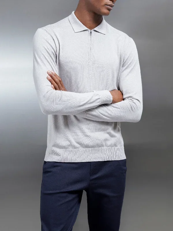 Cotton and Silk Long Sleeve Zip Polo Shirt in Stone