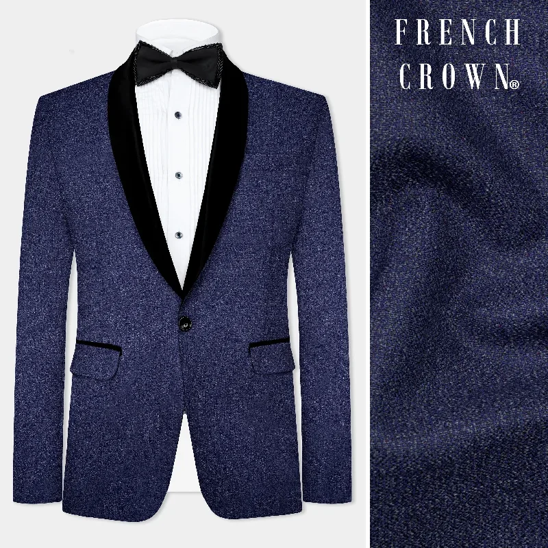 Ebony Clay Blue Textured Wool Blend Tuxedo Blazer