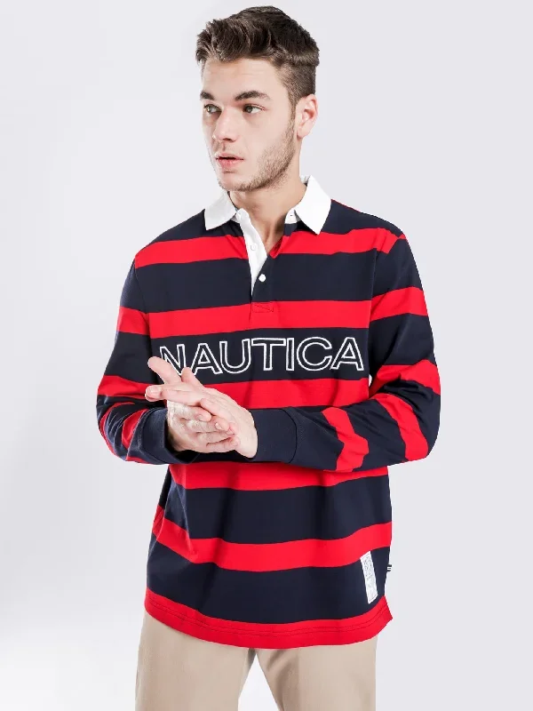 Essential Stripe Long Sleeve Rugby Polo in Navy & Red