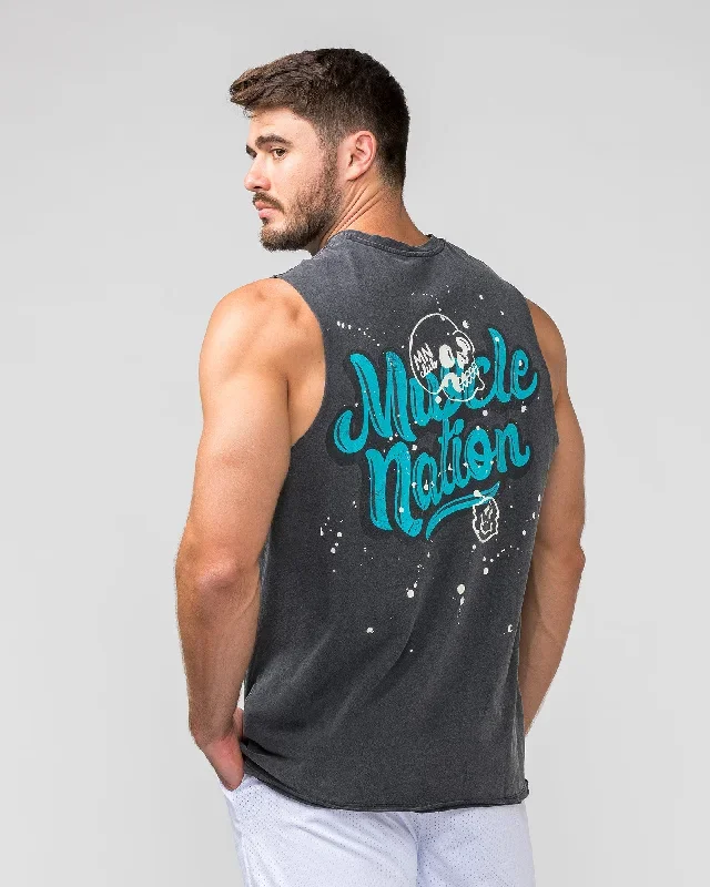 Graffiti Tag Vintage Tank - Washed Black / Capri Blue