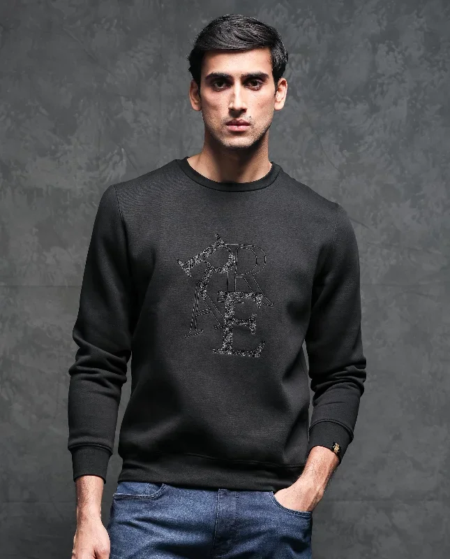 Rare Rabbit Mens Ingrid Black Cotton Polyester Fabric Crew Neck Full Sleeves Regular Fit Sweatshirt