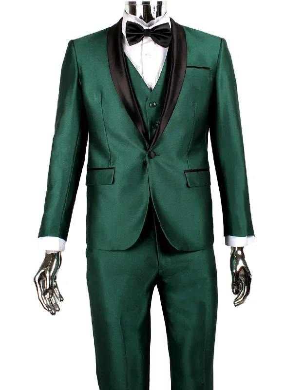 Mens 1 Button Shawl Lapel Vested Wedding | Prom Tuxedo in Emerald Green Sharkskin - Mens Slim Fitted Tuxedo