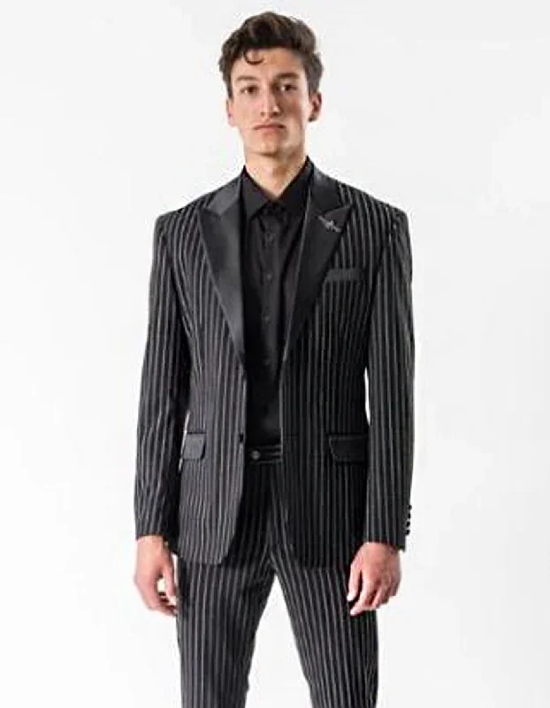 Mens 2 Button Gangster Pinstripe Peak Lapel Tuxedo in Black