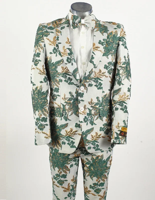 Mens 2 Button Hunter Green & White Floral Paisley Prom and Wedding Tuxedo