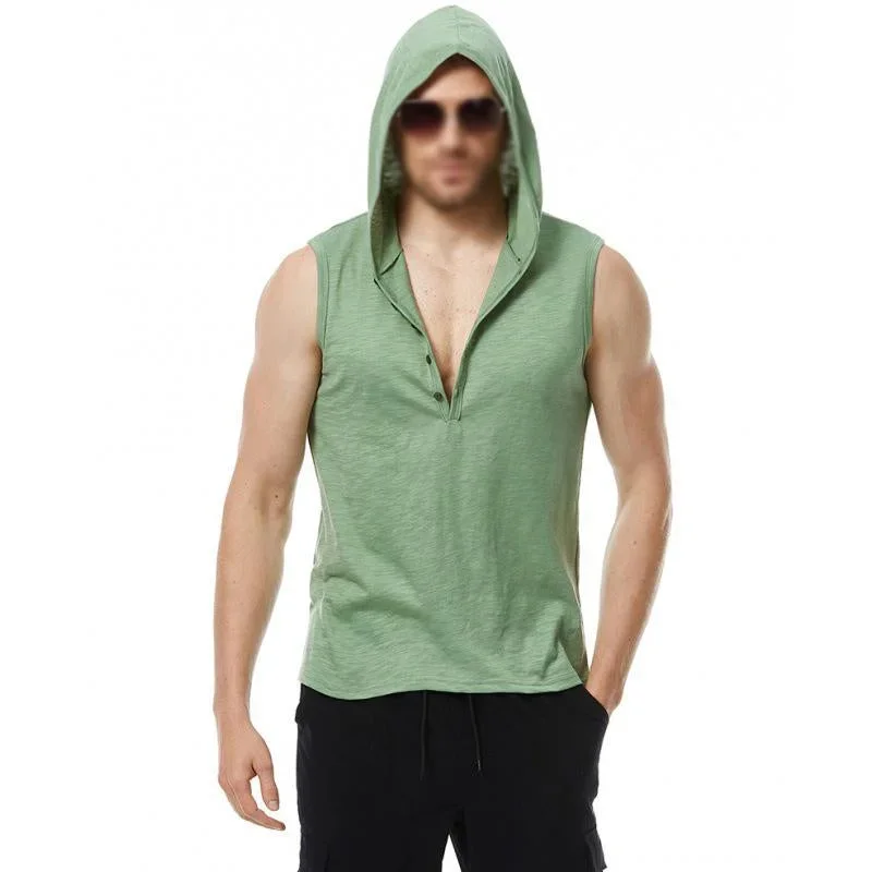 Men's Casual Solid Color V Neck Hooded Sleeveless Tank Top 03939558M