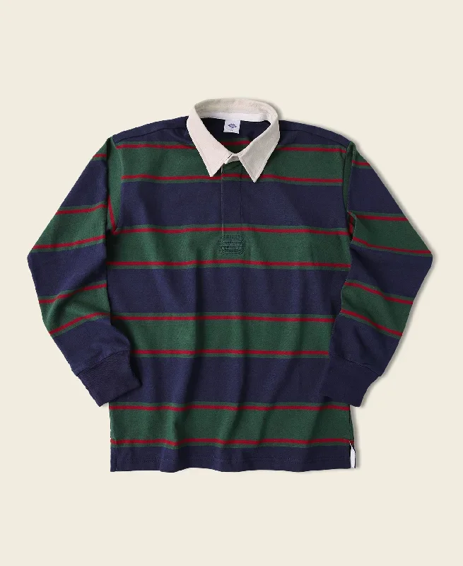 Classic Fit Striped Jersey Rugby Shirt - Green/Navy/Red