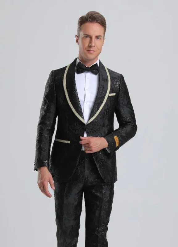 Men's Fancy Black Floral Paisley Prom Tuxedo with Gold Trim