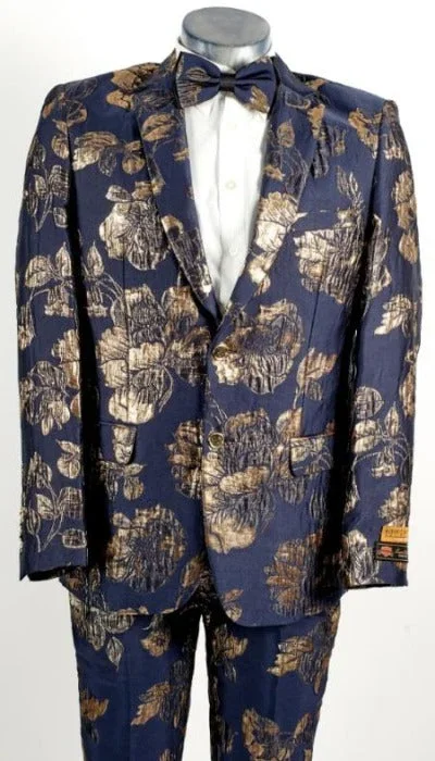 Mens Flower Suit - Floral Suit Mens 2 Button Peak Lapel Navy Blue And Gold Tuxedo