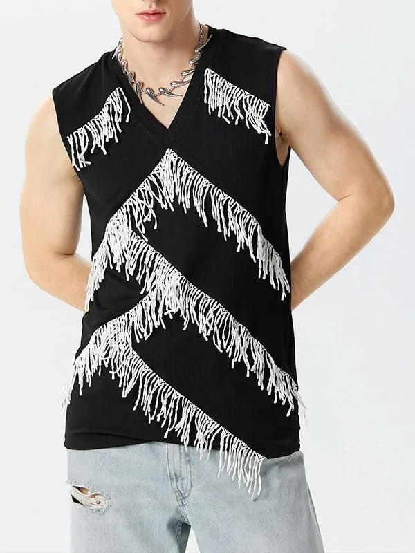 Mens Fringe Patchwork V-Neck Knit Sleeveless Vest SKUK41841