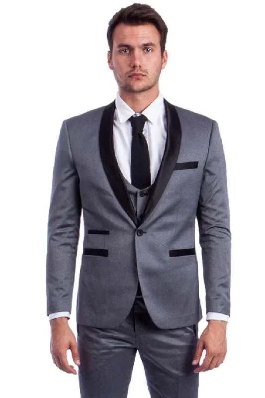 Mens Gray Tuxedo - Grey Wedding Suit-Mens One Button Low Cut  Vested Shawl Tuxedo In Grey