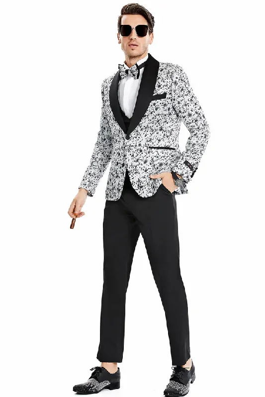 Mens Gray Tuxedo - Grey Wedding Suit-Mens One Button  Vested Shawl Lapel Vintage Splatter Print Prom  Tuxedo In Silver Grey