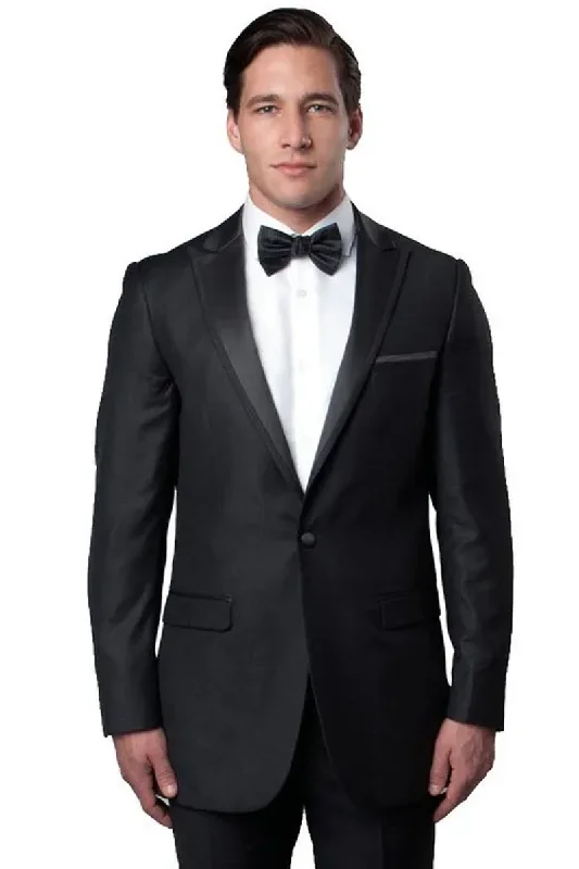 Mens Gray Tuxedo - Grey Wedding Suit-Mens  Skinny Fit  One Button Satin Trim Peak Lapel Prom & Wedding Tuxedo  In Charcoal Grey