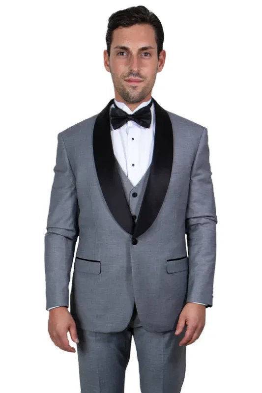 Mens Gray Tuxedo - Grey Wedding Suit-Mens  Stacy Adams Vested  One Button  Shawl Lapel Tuxedo In  Grey