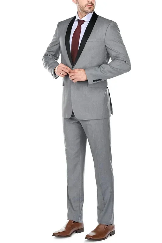 Mens Gray Tuxedo - Grey Wedding Suit-Mens Traditional Slim Fit Shawl Collar Tuxedo In Light Grey