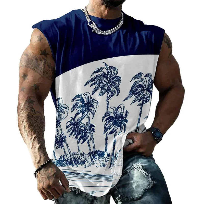 Men's Palm Tree Colorblock Print Sleeveless Tank Top 40958429Z