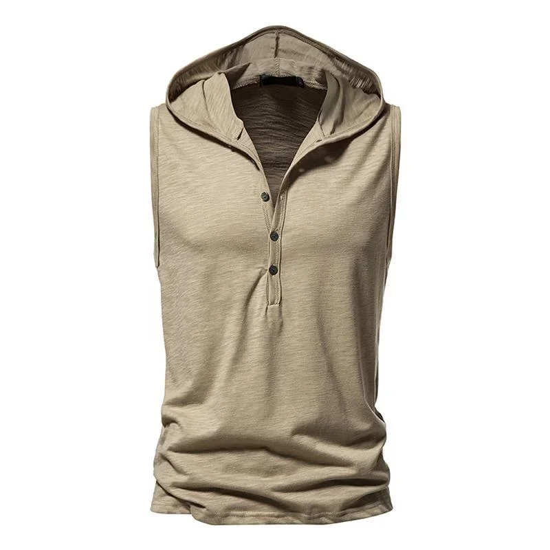 Men's Solid Hooded Henley Collar Sleeveless Cotton Tank Top 52780770Z