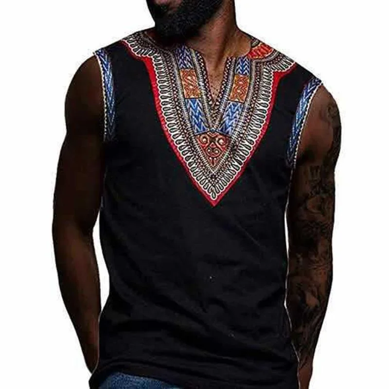 Men's Vintage Ethnic Print Patchwork V-Neck Tank Top 82824258Y