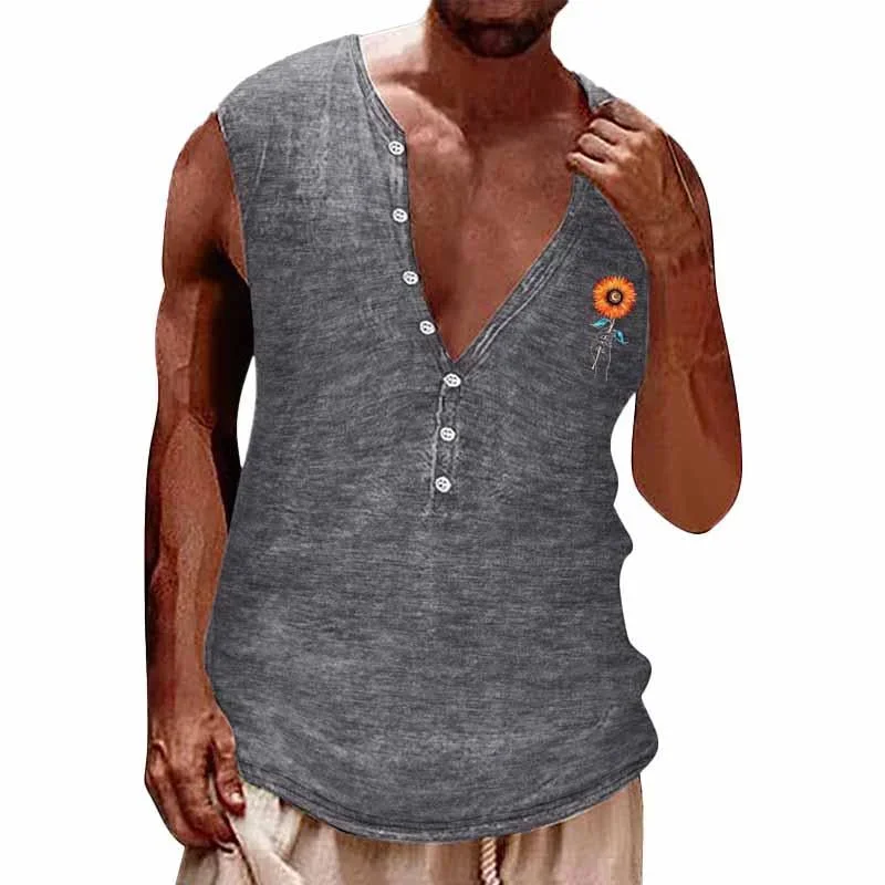 Men's Vintage Print Beach V Neck Button Tank Top 49261570X