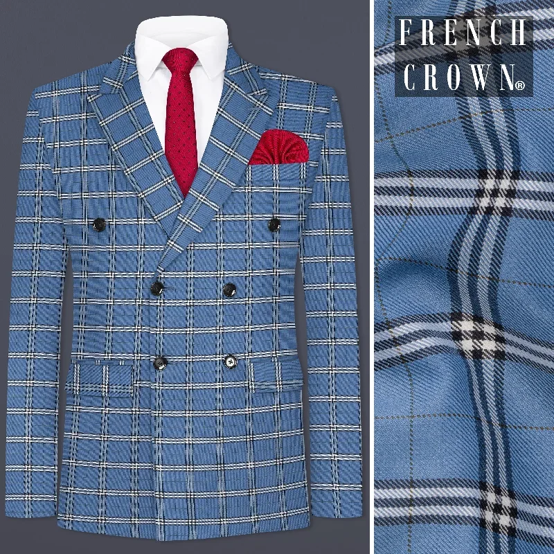 Metalic Blue Plaid Wool Blend Double Breasted Blazer