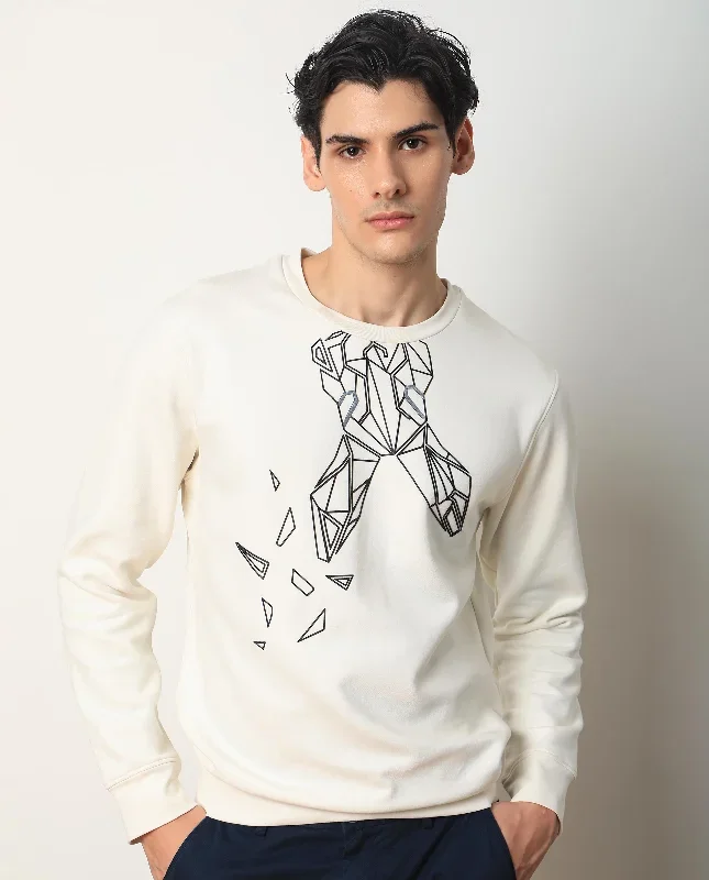 Rare Rabbit Mens Oakk Off White Full Sleeves Crew Neck Graphic Logo Print Sweatshirt