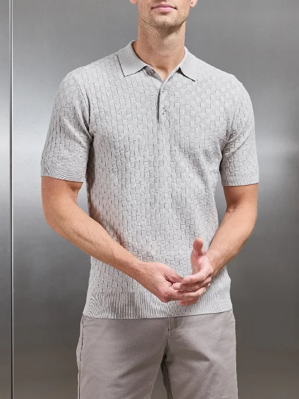 Square Textured Knitted Button Polo Shirt in Stone