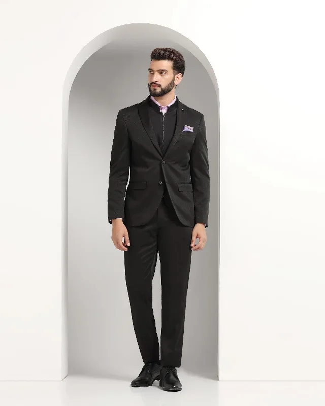 Three Piece Black Textured Formal Suit - Nosfer