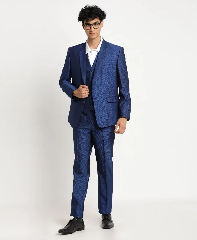 Turtle Men Blue  Self Design Slim Fit Ceremonial Suit (3 Piece)