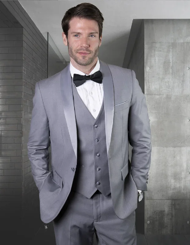 Mens Wool One Button Modern Fit Vested Shawl Tuxedo in Grey