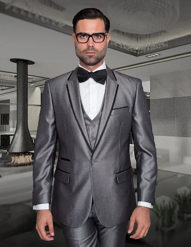 Mens One Button Satin Trim Notch Prom Tuxedo in Shiny Silver Sharkskin